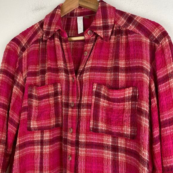 Pilcro Seamed Buttondown Size XS Pink Burgundy Plaid Tunic Top Blouse 70s Casual - Picture 6 of 13